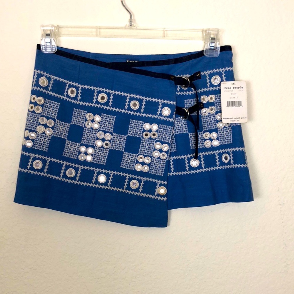 FREE PEOPLE Blue Wrap Mirrored Mini Skirt SZ 2 New With Tags